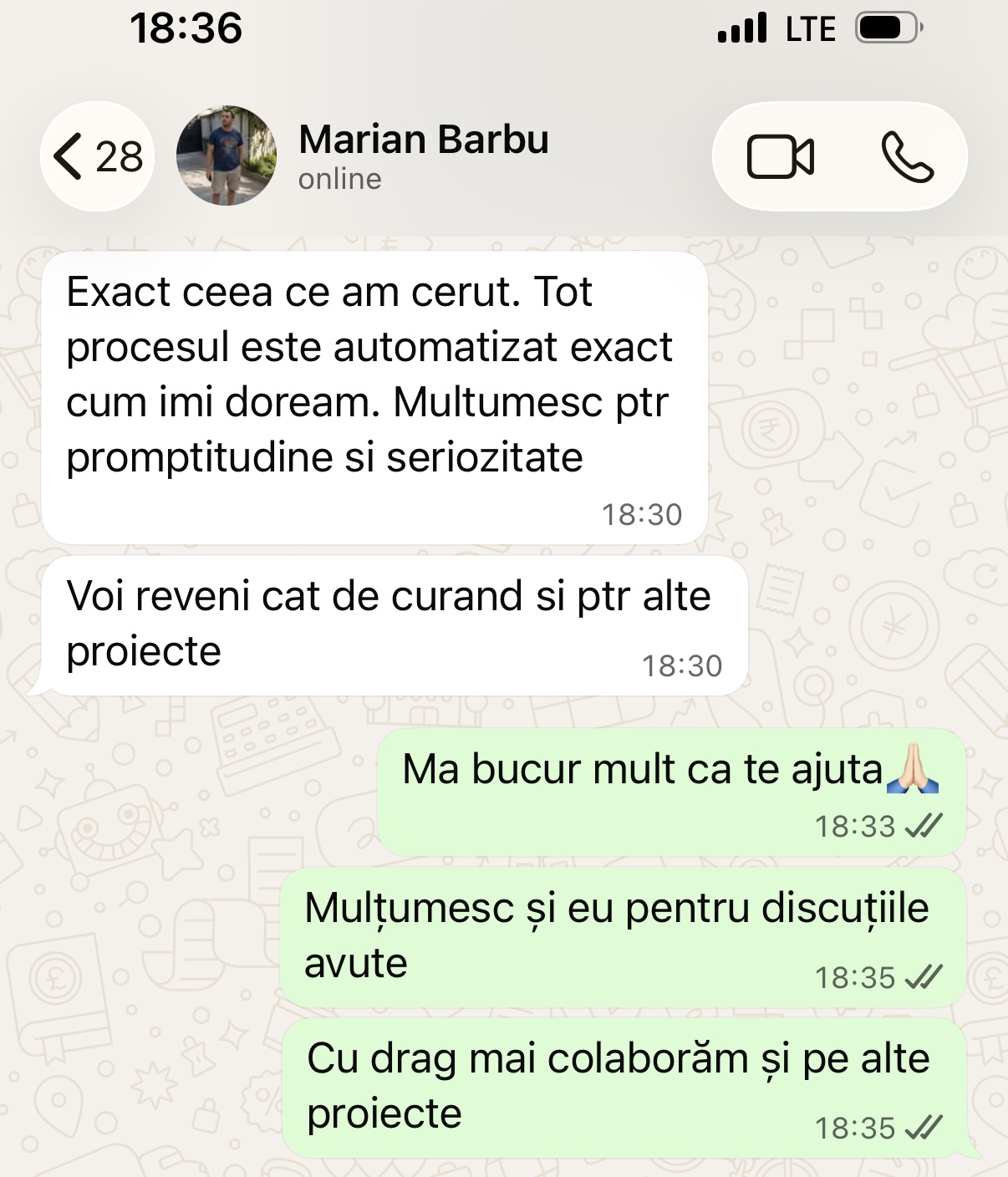 Testimonial WhatsApp — Marian Barbu